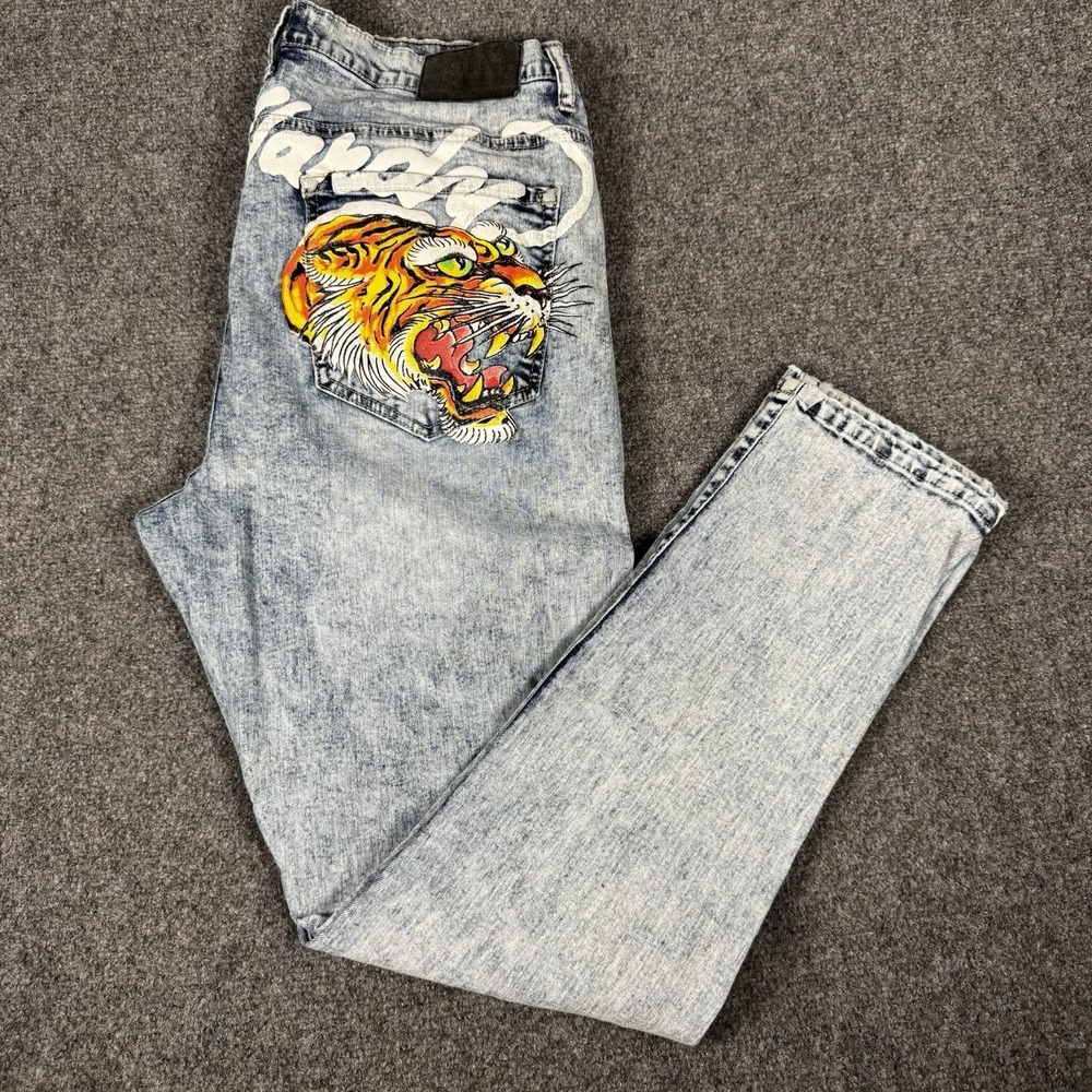Vintage Ed Hardy Tiger Graphic Distressed Acid Wash Jeans Size 36 Y2K